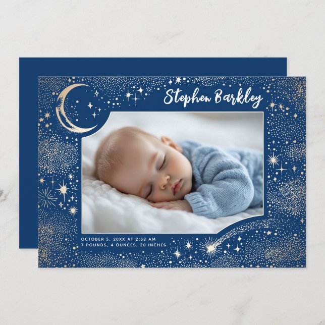 Cute Stars Måne Celestial Newborn Boy Photo Birth Meddelande (Fram/baksida)