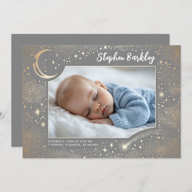Cute Stars Måne Celestial Newborn Boy Photo Birth Meddelande (Fram/baksida)