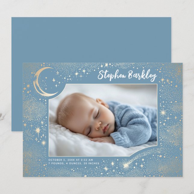 Cute Stars Måne Celestial Newborn Boy Photo Birth Meddelande (Fram/baksida)