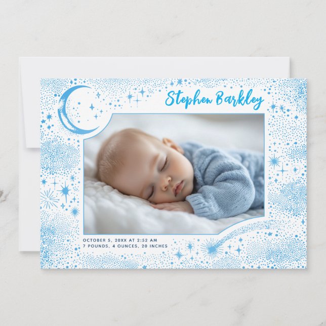 Cute Stars Måne Celestial Newborn Boy Photo Birth Meddelande (Framsida)