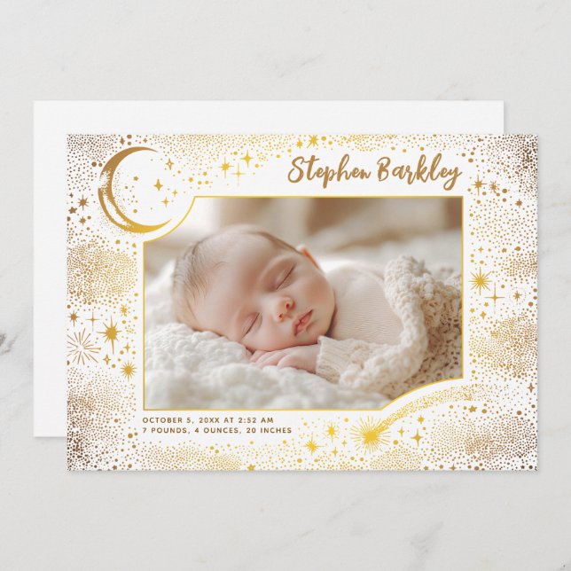 Cute Stars Måne Celestial Newborn Foto Birth Meddelande (Fram/baksida)