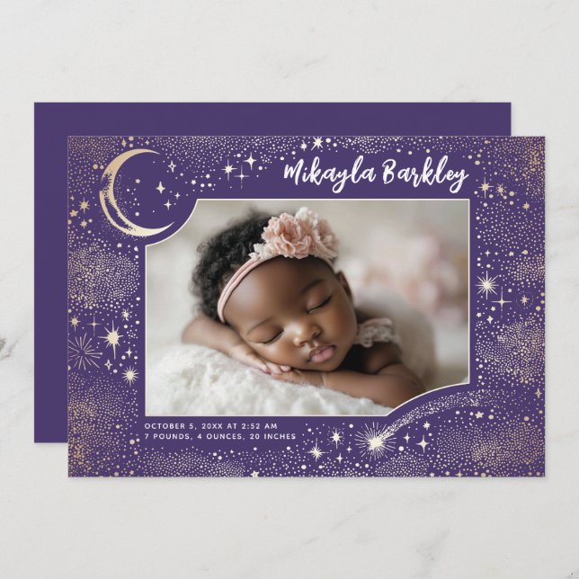 Cute Stars Måne Celestial Newborn Foto Birth Meddelande (Fram/baksida)
