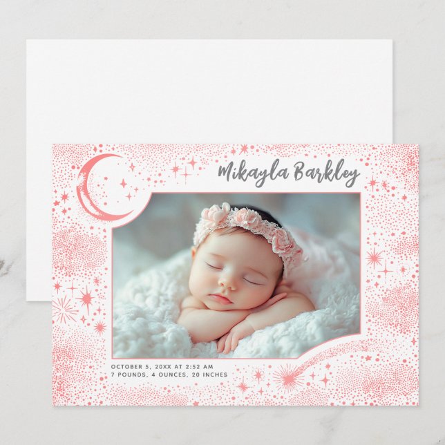 Cute Stars Måne Celestial Newborn Foto Birth Meddelande (Fram/baksida)