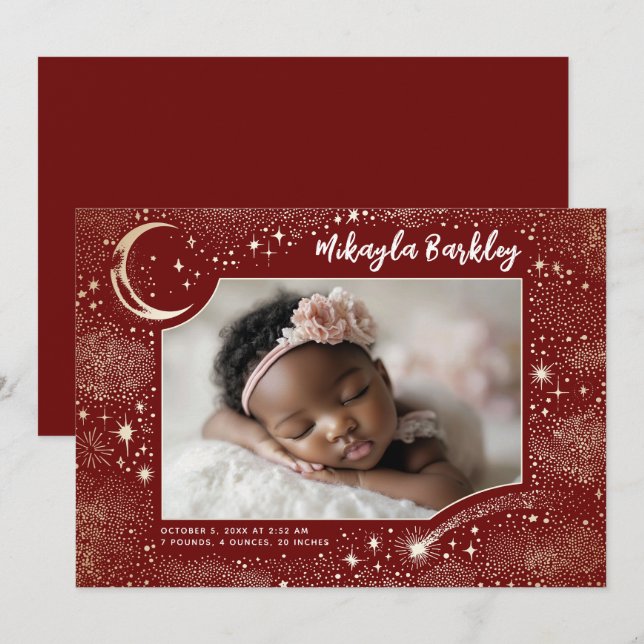 Cute Stars Måne Celestial Newborn Foto Birth Meddelande (Fram/baksida)