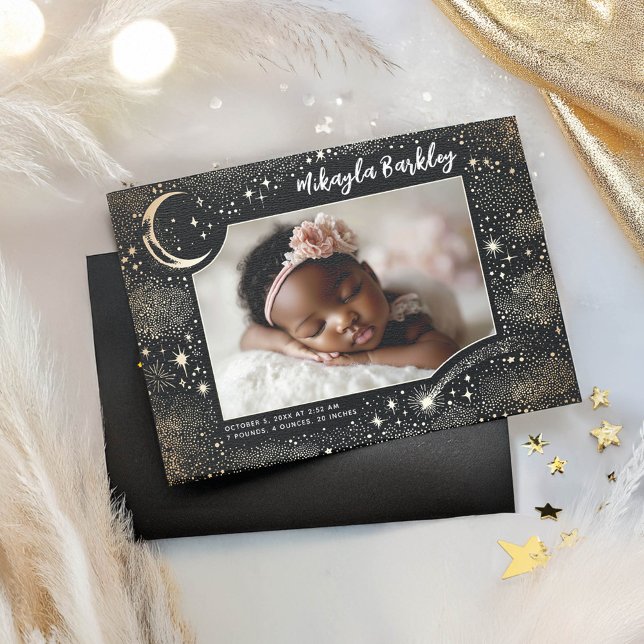 Cute Stars Måne Celestial Newborn Foto Birth Meddelande (Moon and Stars Magical Birth Announcement Photo Card)