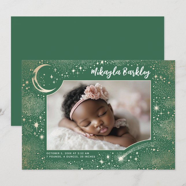 Cute Stars Måne Celestial Newborn Foto Birth Meddelande (Fram/baksida)