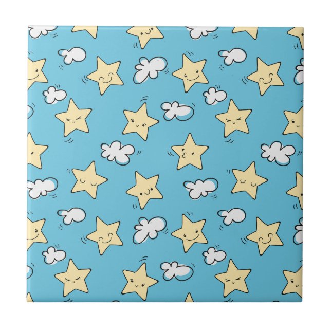 Cute stars och moln mönster| Blå himmel Kakelplatta (Framsidan)