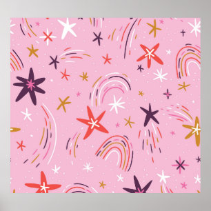 Cute Stars Rainbows Rosa Mönster Poster