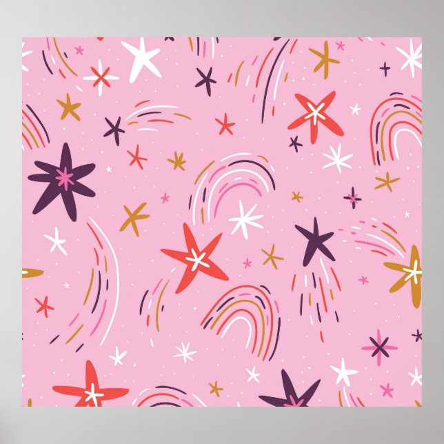 Cute Stars Rainbows Rosa Mönster Poster (Framsidan)