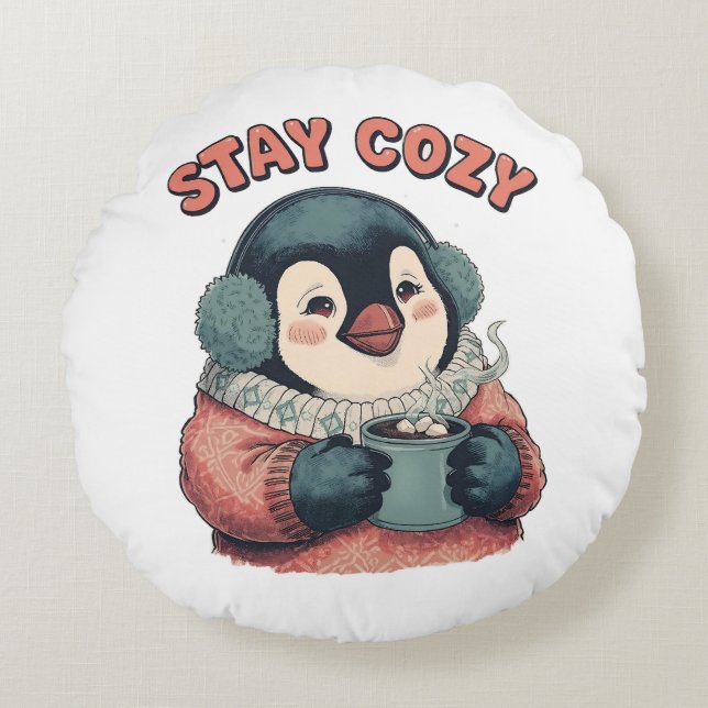 Cute Stay Cozy Penguin Drinking Hot Cocoa Hat Rund Kudde (Framsidan)