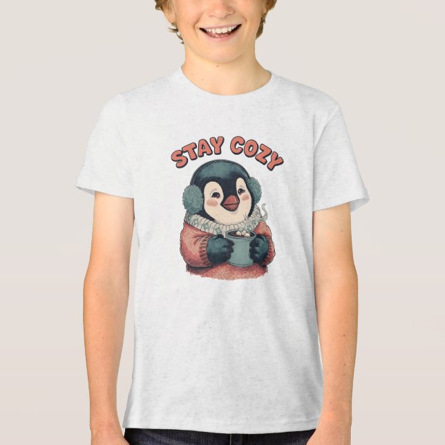 Cute Stay Cozy Penguin Drinking Hot Cocoa Hat T Shirt (Framsida)