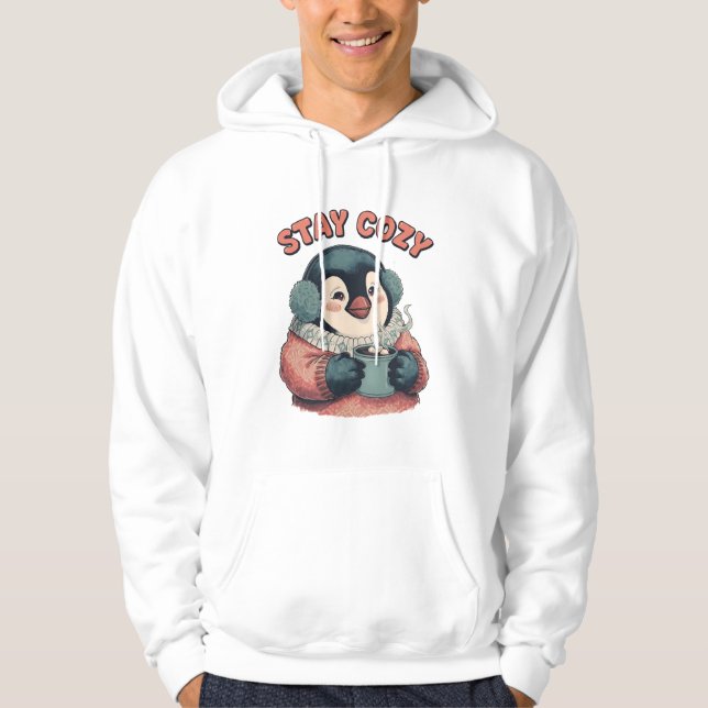 Cute Stay Cozy Penguin Drinking Hot Cocoa T-Shirt Hoodie (Framsida)