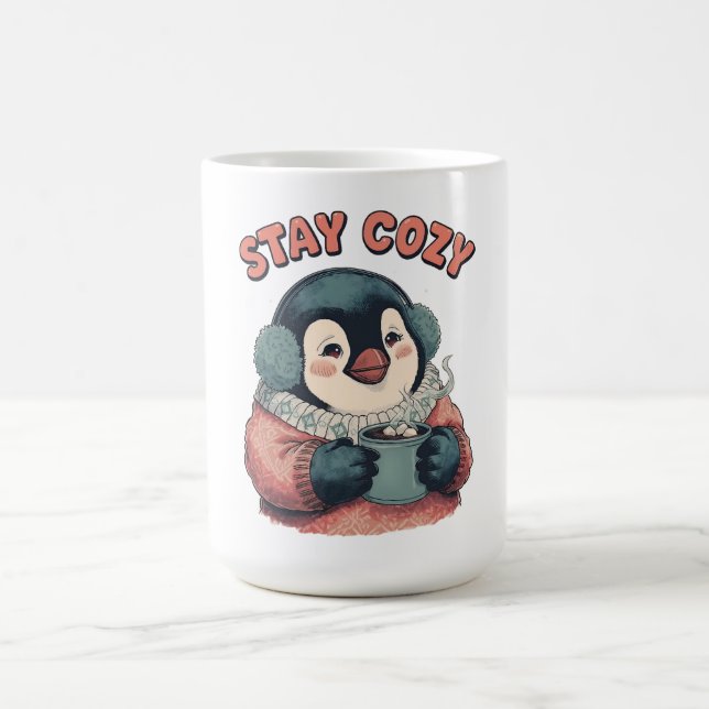 Cute Stay Cozy Penguin Drinking Hot Cocoa T-Shirt Kaffemugg (Center)