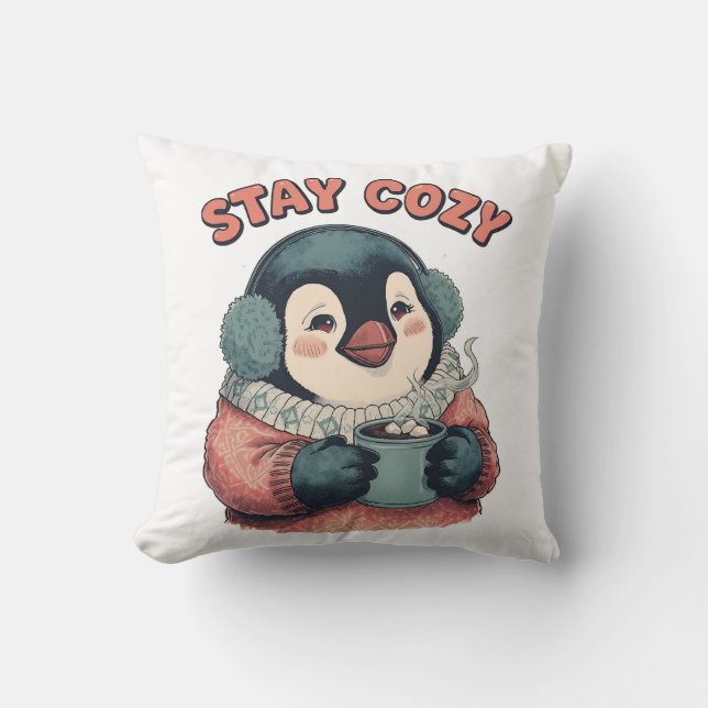Cute Stay Cozy Penguin Drinking Hot Cocoa T-Shirt Kudde (Framsida)