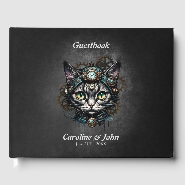 Cute steampunk cat with clocks and gears. gästböcker (Framsida)