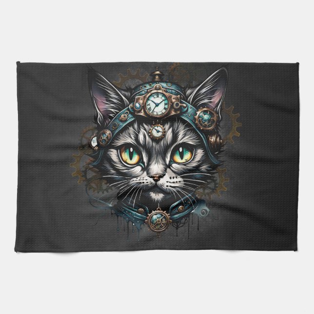 Cute steampunk cat with clocks and gears. kökshandduk (Horisontell)