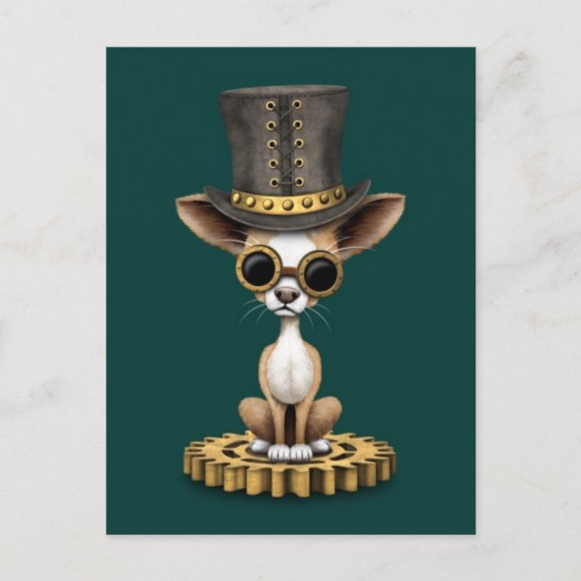 Cute Steampunk Chihuahua Puppy Hund, teal Vykort (Framsida)