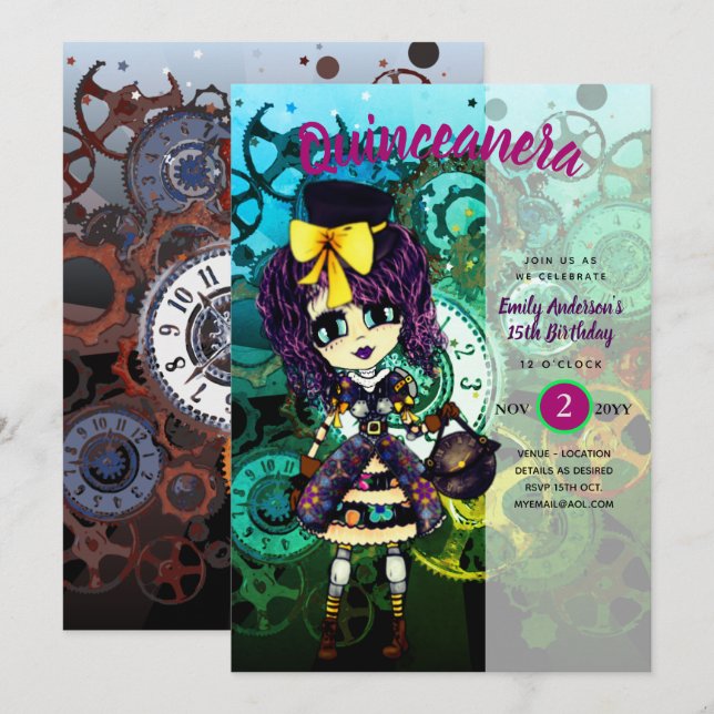 Cute STEAMPUNK Girl Cosplay Birthday Inbjudningar (Fram/baksida)