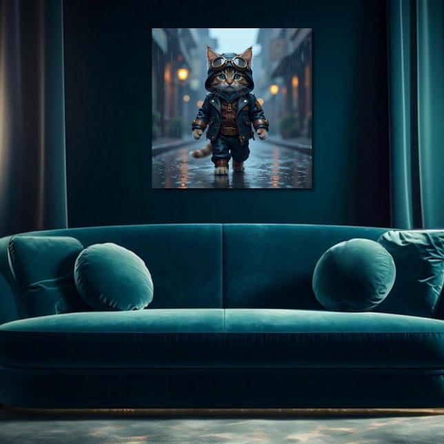 Cute Steampunk Kitten Walking i Rain Poster (Skapare uppladdad)