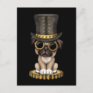Cute Steampunk Pug Puppy Hund, svart Vykort