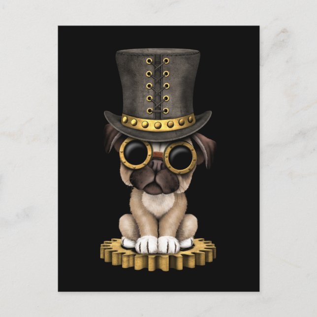 Cute Steampunk Pug Puppy Hund, svart Vykort (Framsida)