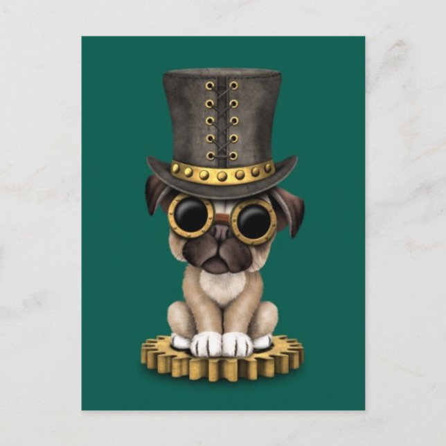 Cute Steampunk Pug Puppy Hund, teal Vykort (Framsida)