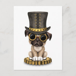 Cute Steampunk Pug Puppy Hund, vit Vykort