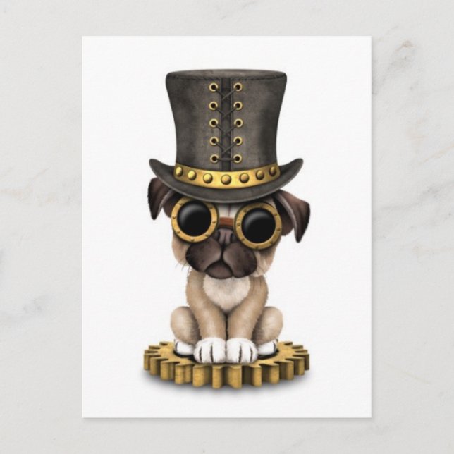 Cute Steampunk Pug Puppy Hund, vit Vykort (Framsida)