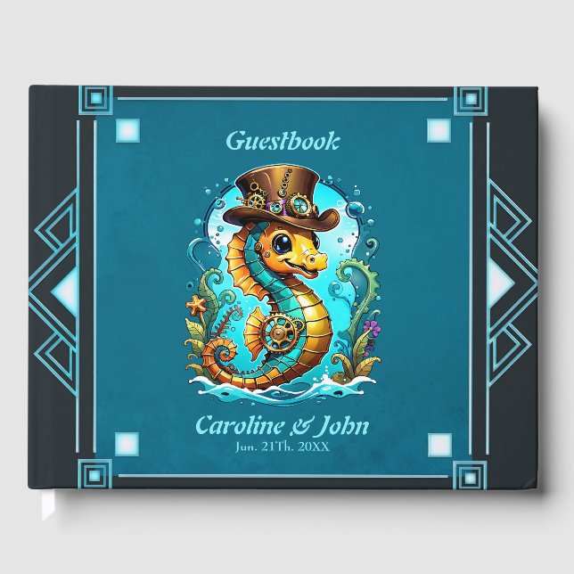 Cute steampunk seahorse med en snyggt hatt. gästböcker (Framsida)