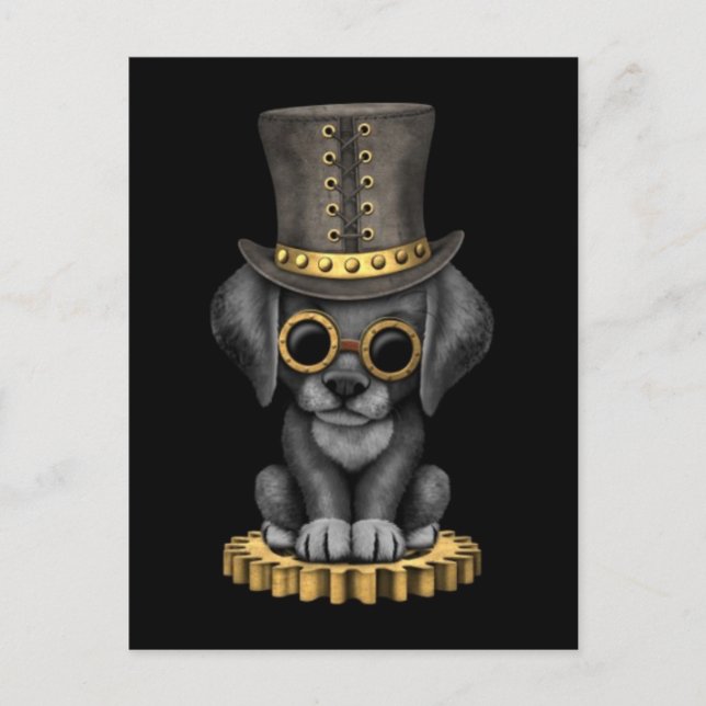 Cute Steampunk Svart lab Puppy Hund, svart Vykort (Framsida)