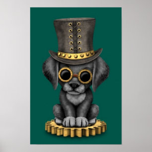 Cute Steampunk Svart lab Puppy Hund, teal Poster