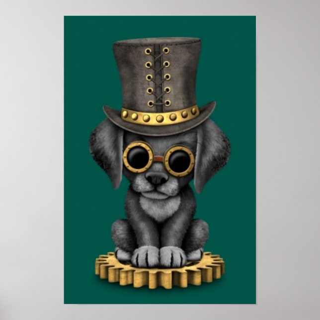 Cute Steampunk Svart lab Puppy Hund, teal Poster (Framsidan)