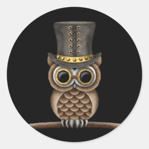Cute Steampunk Uggla vid Gren på Black Runt Klistermärke