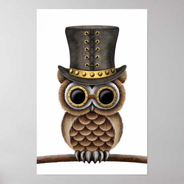 Cute Steampunk Uggla vid Gren vid White Poster (Framsidan)
