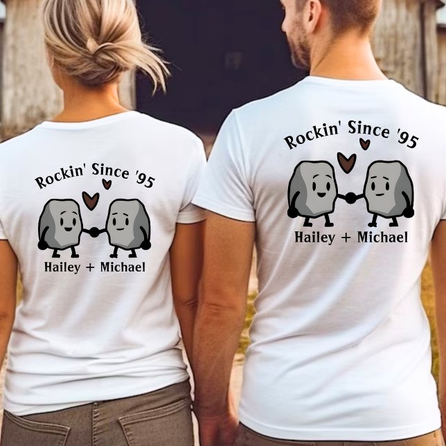 Cute Sten Pun Newlyged Couple Bröllop-årsdagen T Shirt (cute, funny rock pun "rockin' since '95" newlywed couple anniversary white t-shirt)