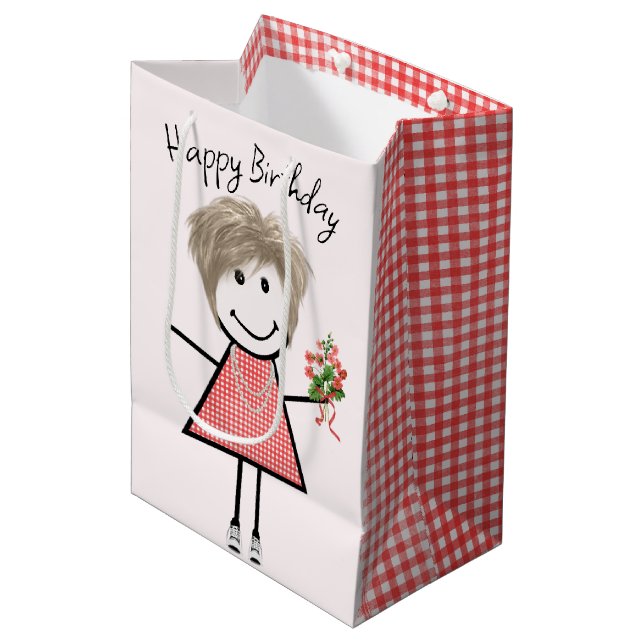 Cute Stick figur Girl with Birthday Bouquet (Framsidan Vinklad)