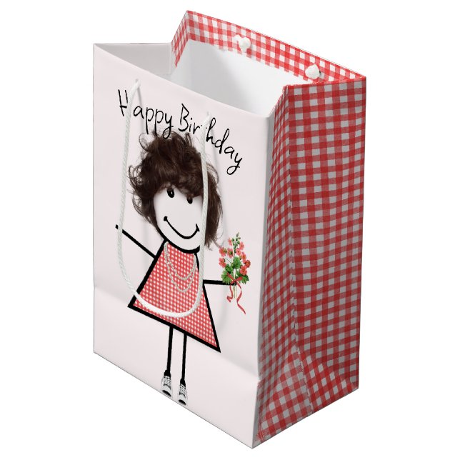 Cute Stick figur Girl with Birthday Bouquet (Framsidan Vinklad)