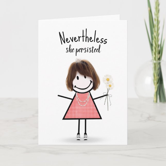 Cute Stick Girl in Gingham Dress with Quote Kort (Framsida)