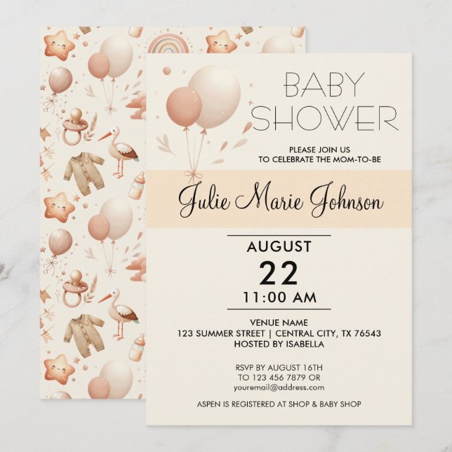 Cute Stollig Baby Shower - Ballonsinbjudan Inbjudningar (Fram/baksida)
