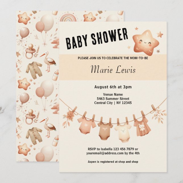 Cute Stollig Baby Shower - Kläder radinbjudan Inbjudningar (Fram/baksida)