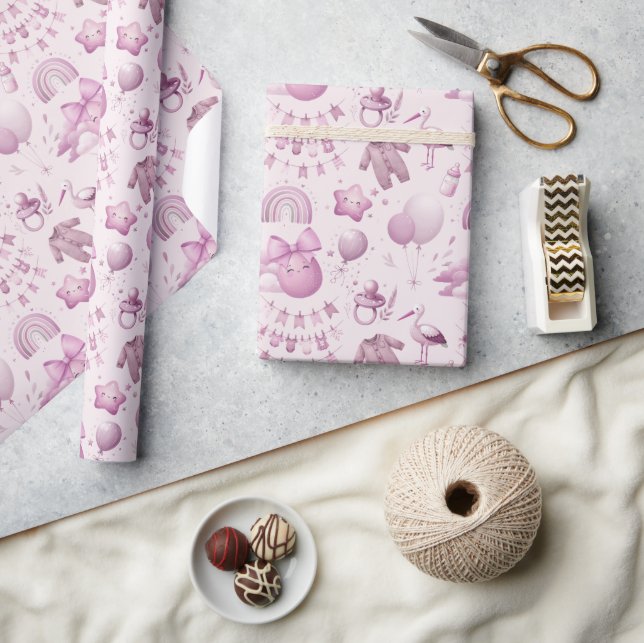 Cute Stollig Baby Shower Rosa Wrapping Papper Roll Presentpapper (Hantverk)