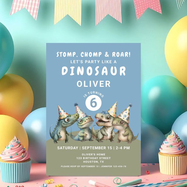 Cute Stomp, Chomp och Roar Dinosaur 6e födelsedag Inbjudningar (Cute Stomp, Chomp & Roar Dinosaur 6th Birthday Invitation)
