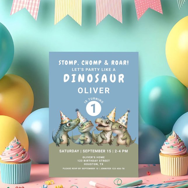 Cute Stomp Chomp & Roar Dinosaur 1:a födelsedagen Inbjudningar (Cute Stomp Chomp & Roar Dinosaur 1rst Birthday Invitation)
