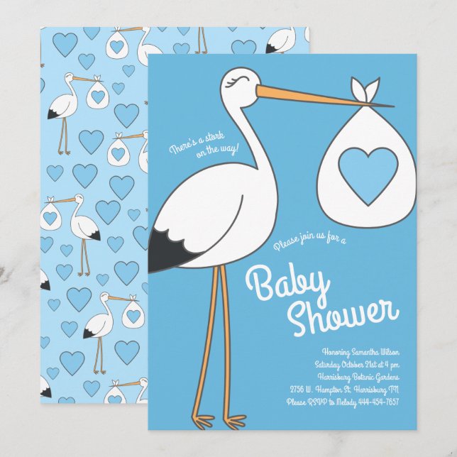 Cute Stork Baby Shower Mod Blue Boy Inbjudningar (Fram/baksida)