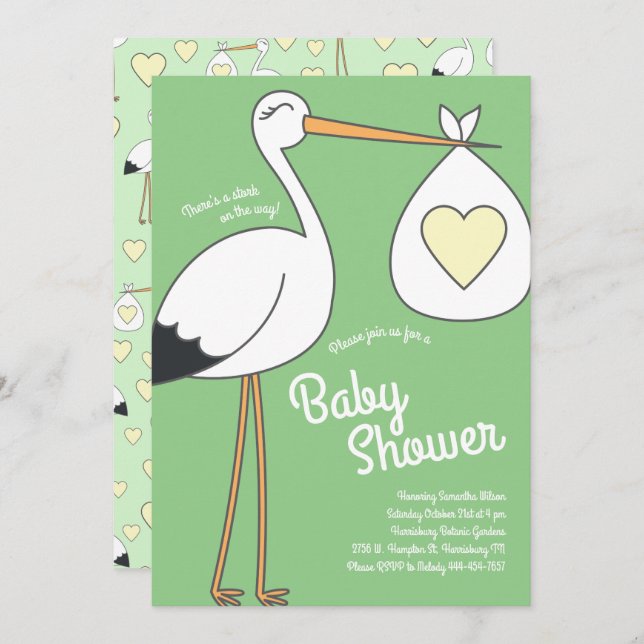 Cute Stork Baby Shower Mod Gender Neutral Inbjudningar (Fram/baksida)