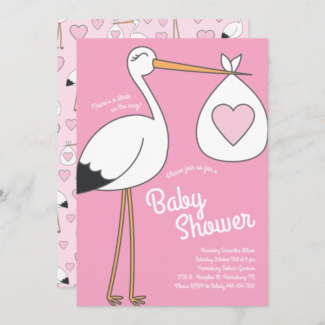 Cute Stork Baby Shower Rosa Girl Girl Inbjudningar (Fram/baksida)