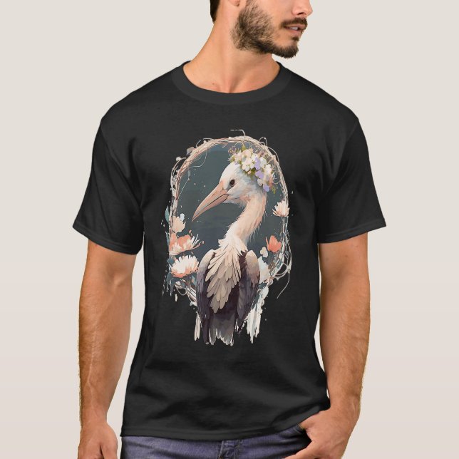 Cute Stork Bird Flower Krona Blommigt Birds T Shirt (Framsida)
