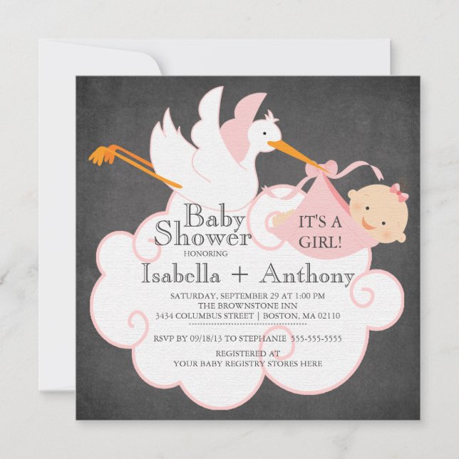 Cute Stork Chalkboard Gir lBaby Shower Inbjudningar (Framsida)