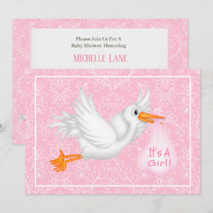 Cute Stork Det är en inbjudan till Rosa Baby Showe