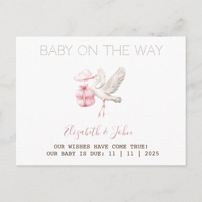 Cute Stork Pink Present Meddelande Vykort (Framsida)